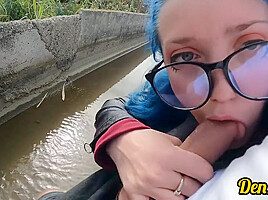 Cutie Jacket Glasses With Blue Hair Loves To Have Sex Sucking Dick On The River...