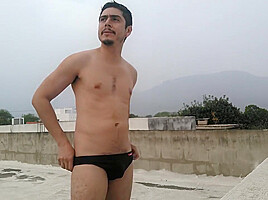 Exhibitionist hunk naked in his terrace...