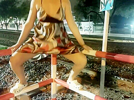 Under Dress Vagina Without Panties To Cars And Train Track In Busy Street Hard Under Rain...