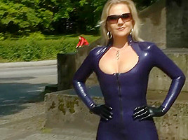 Lady blue latex skirt outdoor...