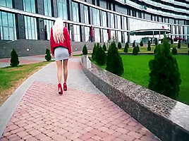 HOT russian college girl walking in short skirt, red heels and nylon