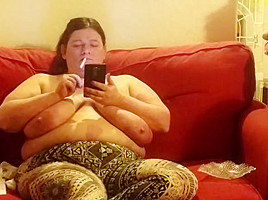Wife Chilling On Her Phone Top Less Smoking...