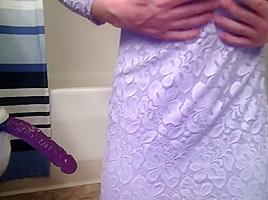 Skinny Tight Purple Dress Creams On Purple Dildo...