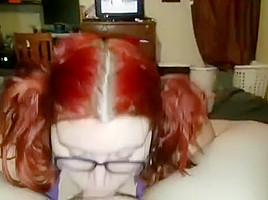 Redhead pigtails wife sucks and shares...
