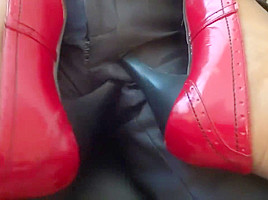 Sexy red heel pantyhose footjob tease...