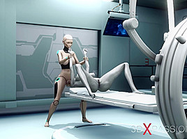 Alien in lab female android plays with an...