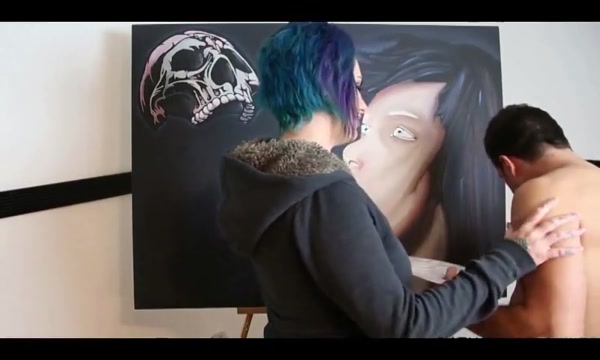 Paint then blowjob by punk chick with big boobs